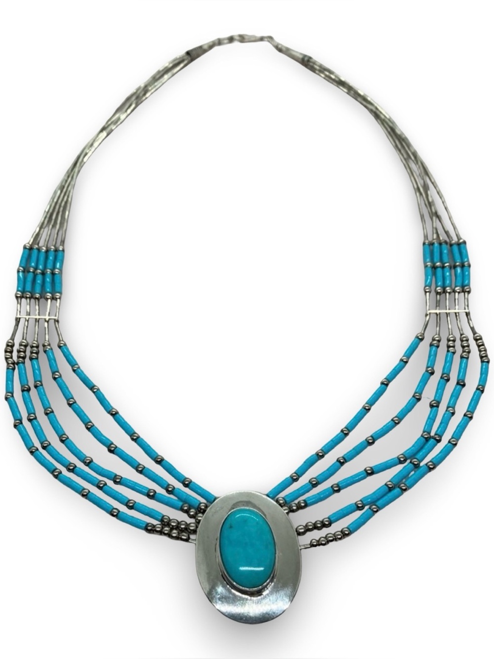 Vtg Navajo 925 Sterling Silver Turquoise 5-Strand Heishi Tube Bead Necklace
